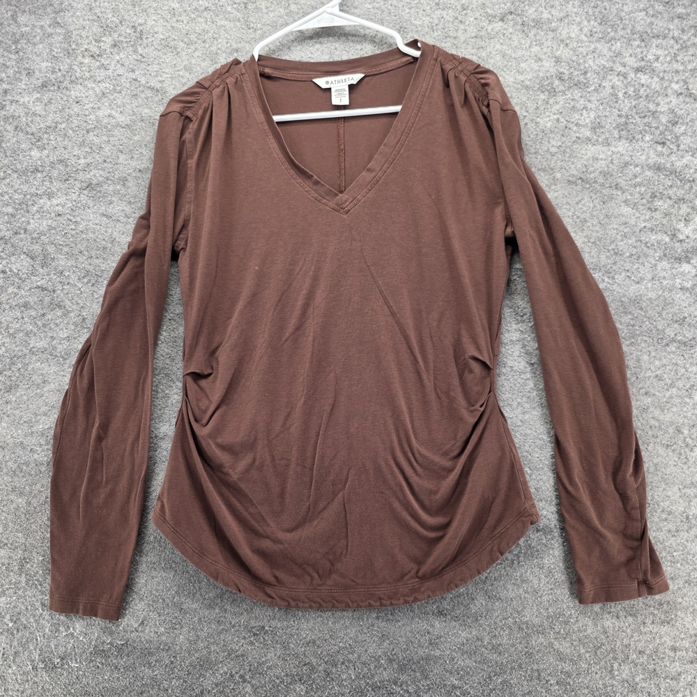 Athleta Outbound V-Neck Top Womens Small Brown Long Sleeve Ruched Casual Shirt